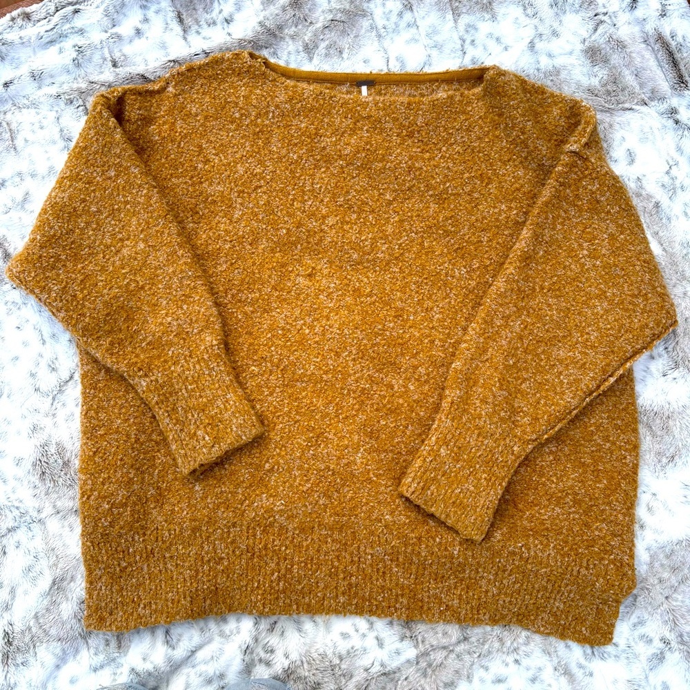 Free People Moira Wool Blend Sweater Drop Shoulder Honeycomb Mustard Medium